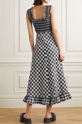 Robe d'été mi-longue à carreaux froncés et bretelles à encolure carrée vintage - Noir